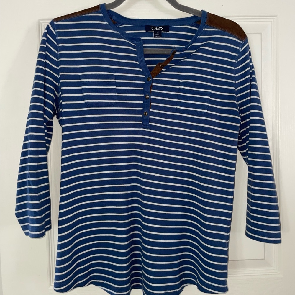 Chaps Blue and White Striped Womens Henley with Brown Accent Large